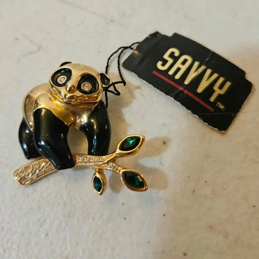 Vintage Savvy Panda Bear Brooch NOS Gold Tone Enamel Rhinestone Pin with tag